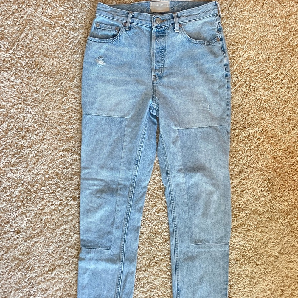 Everlane 27 The 90's Cheeky Jean Light Wash Patched Blue Denim Distressed
